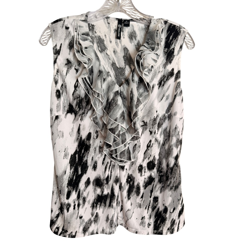 M Milano Ruffle Top Womens Medium Black White Abstract V-Neck Blouse Career